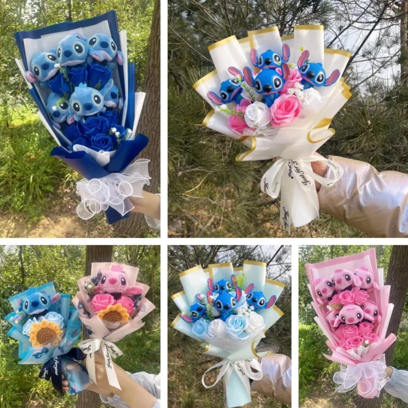 

Cartoon Anime Stitch Plush Bouquet Doll Toys Stuffed Animals Creative Handmade Bouquets Birthday Christmas Valentine Gifts