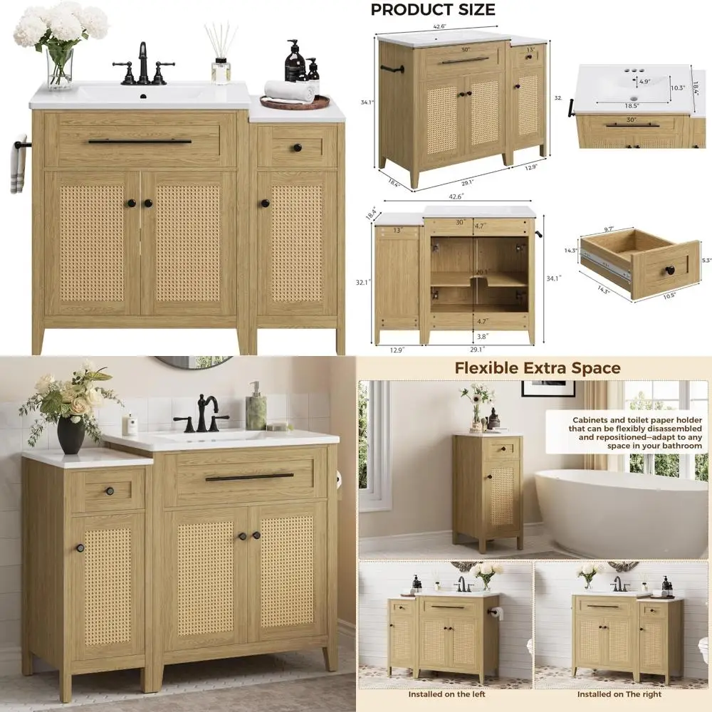 30-inch Freestanding Bathroom Vanity with Storage Cabinet, Ceramic Sink, Flip-Down Drawer, and Soft Close