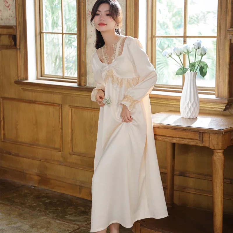 

Spring Autumn Full Sleeve Robe Nightwear Peignoir Women Sleepwear Sexy Lace Ice Silk Nightgown Loungewear Satin Long Night Dress