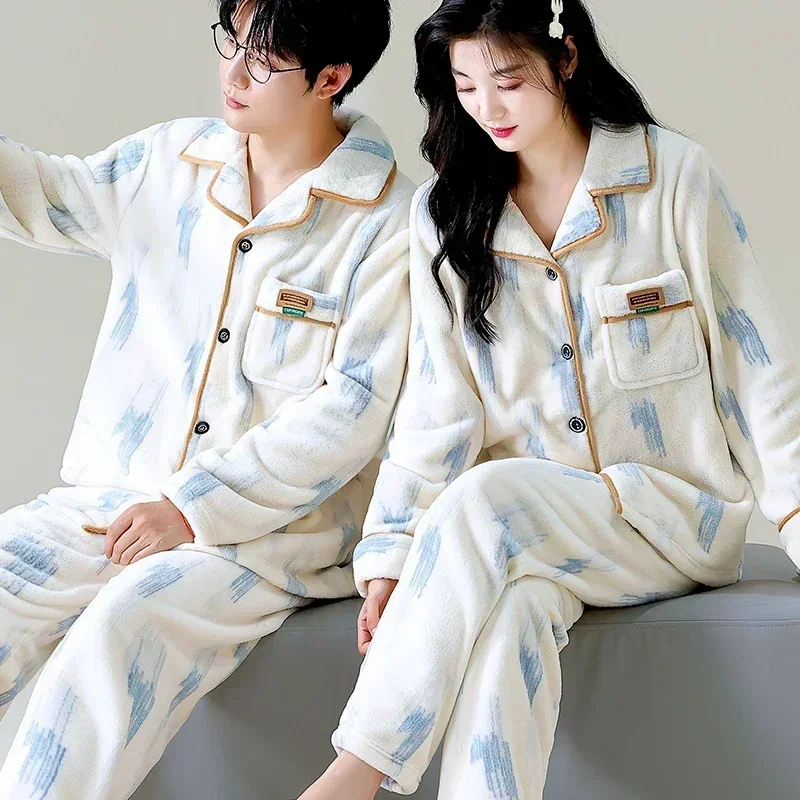 Winter Warm Sleepwear Flannel Matching Couples Pajamas 2 Piece Outfit Home Clothes Pyjama Femme Nightwear Womens Loungewear Set