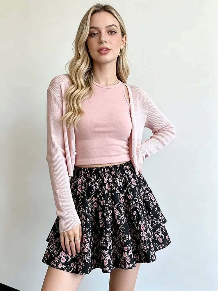 Women's Boho Floral High Waist Mini Skirt Tiered A-Line Ruffle for Summer Beach Vacation Party Outfit