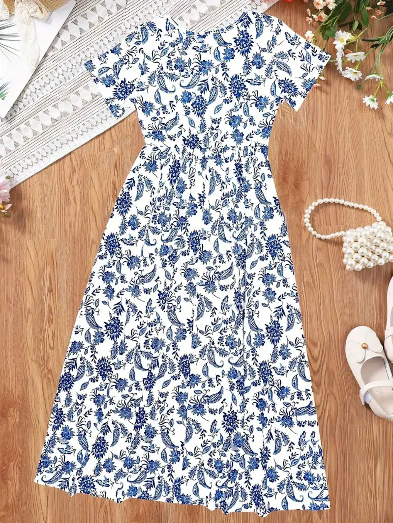 Mädchenkleid im Bohemian-Stil mit Paisley-Muster, Kurzarm, Mittellang, Lässiges Sommerkleid, Urlaubsgeschenk 2026 – Detail 4