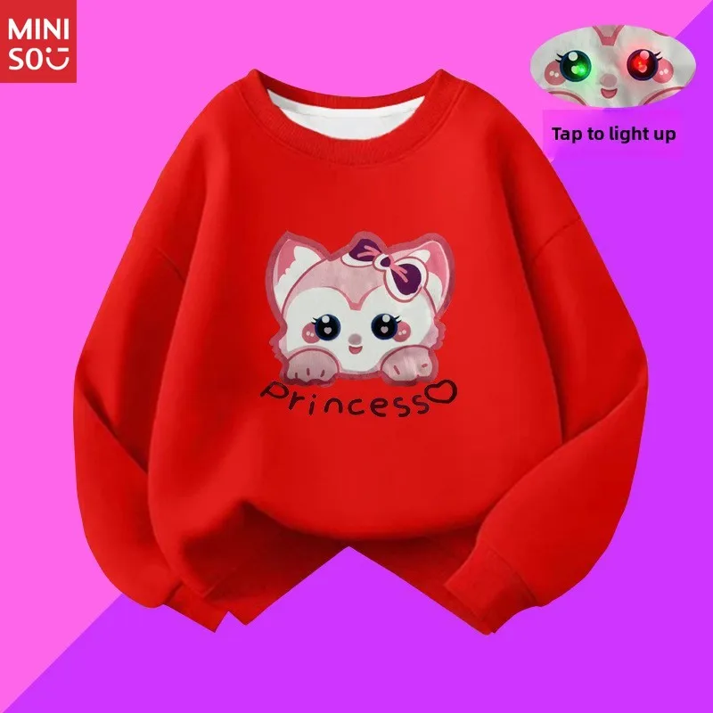 

Miniso 2025 Autumn Winter Light Up Glow Cute Hoodie Girls Clothing, New Season Round Neck Loose Top Shirt