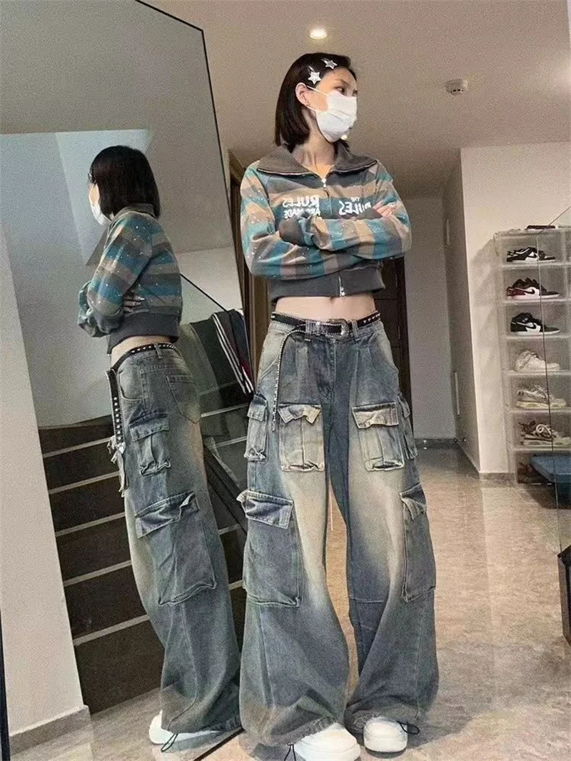 Calça cargueira retrô de cintura alta feminina, jeans de perna larga, calça larga lavável, design de rua alta, nicho da moda, verão