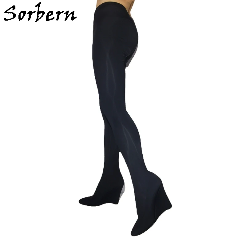 Sorbern Black Lycra Streched Legging Boots Wedges High Heel Pointed Toes Pant Boot Elastic Unisex Style Shoes Custom Leg Size