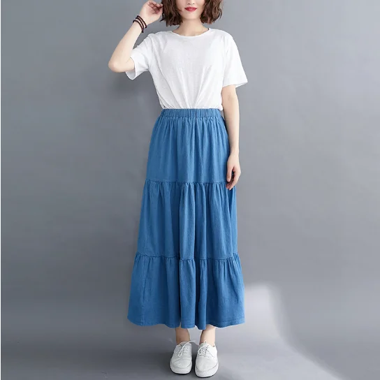 Blue Wash Cotton Denim Skirt Women 2021 Casual Loose Denim A-Line Skirt Long Jean Skirt Wild Pleated Skirt Swing Long Jean Skirt