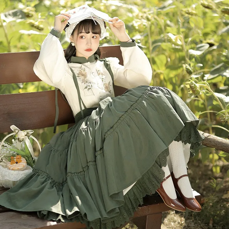Chinese Lolita Dress Set Elegant Vintage Ruffle Lolita Skirt +white Blouse Autumn Winter Cute Retro Idyllic Dress Set
