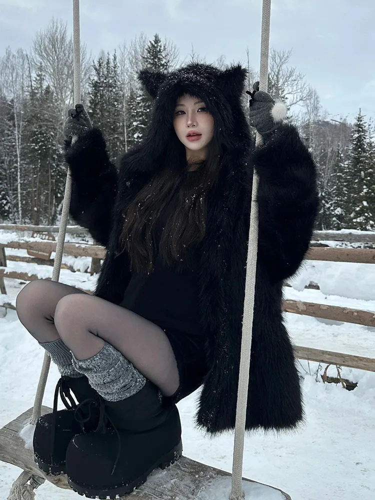 

2025 New Korean Sle Casual Fur Coat Women Thiened High-End Small Size Plu Coat Long Sve Commute Wind