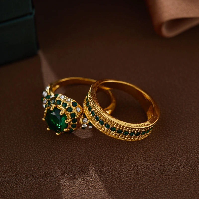 Bagues Hip Hop couleur or pour femmes, ensemble de bagues de mariage en Zircon incrusté de pierres vertes, bijoux de fiançailles de mariée, à la mode