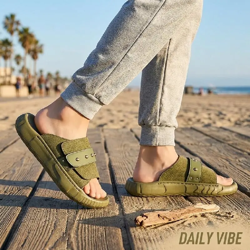 

Summer Men Beach Slippers Black-brown Color Men Thick-soled One-piece Outdoor Street-style Casual Open-toe Slip-on Shoes Men