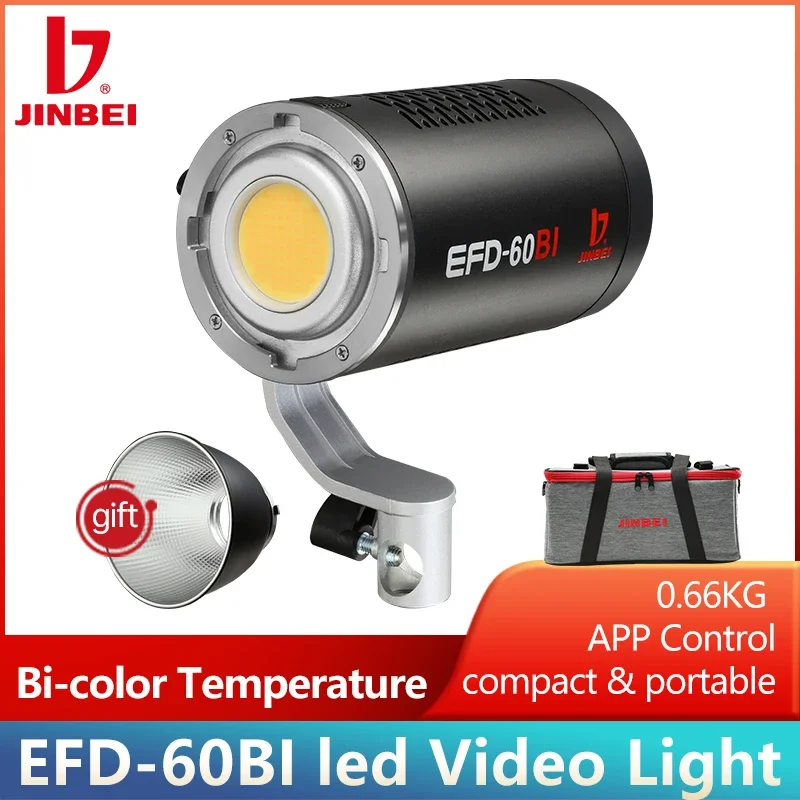 Luz de vídeo LED JINBEI EFD60BI COB 60W 2700K-6500K, lâmpada contínua portátil para iluminação de estúdio e vídeo.