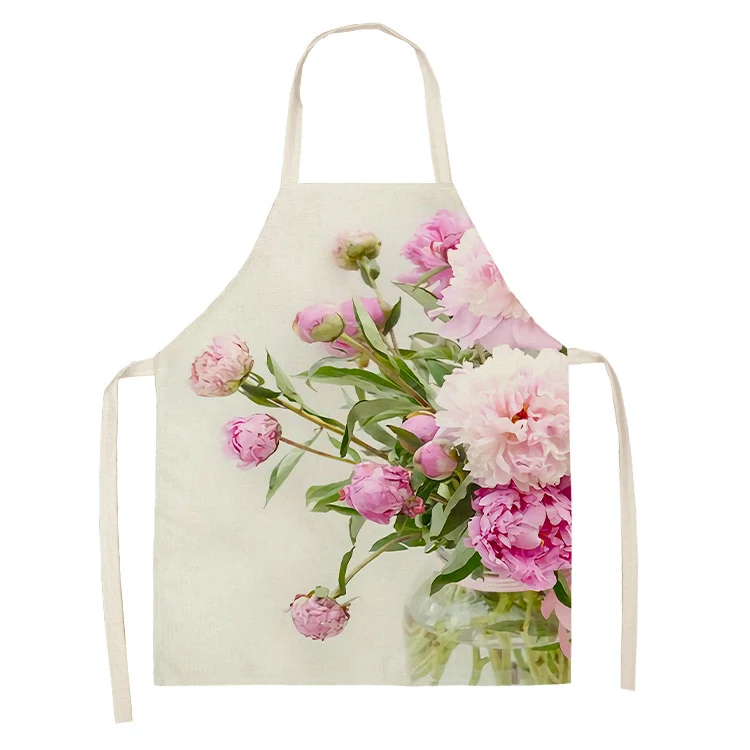 Kitchen Pink Rose Flower Pattern Sleeveless Apron Linen Bib Home Female Cleaning Cooking