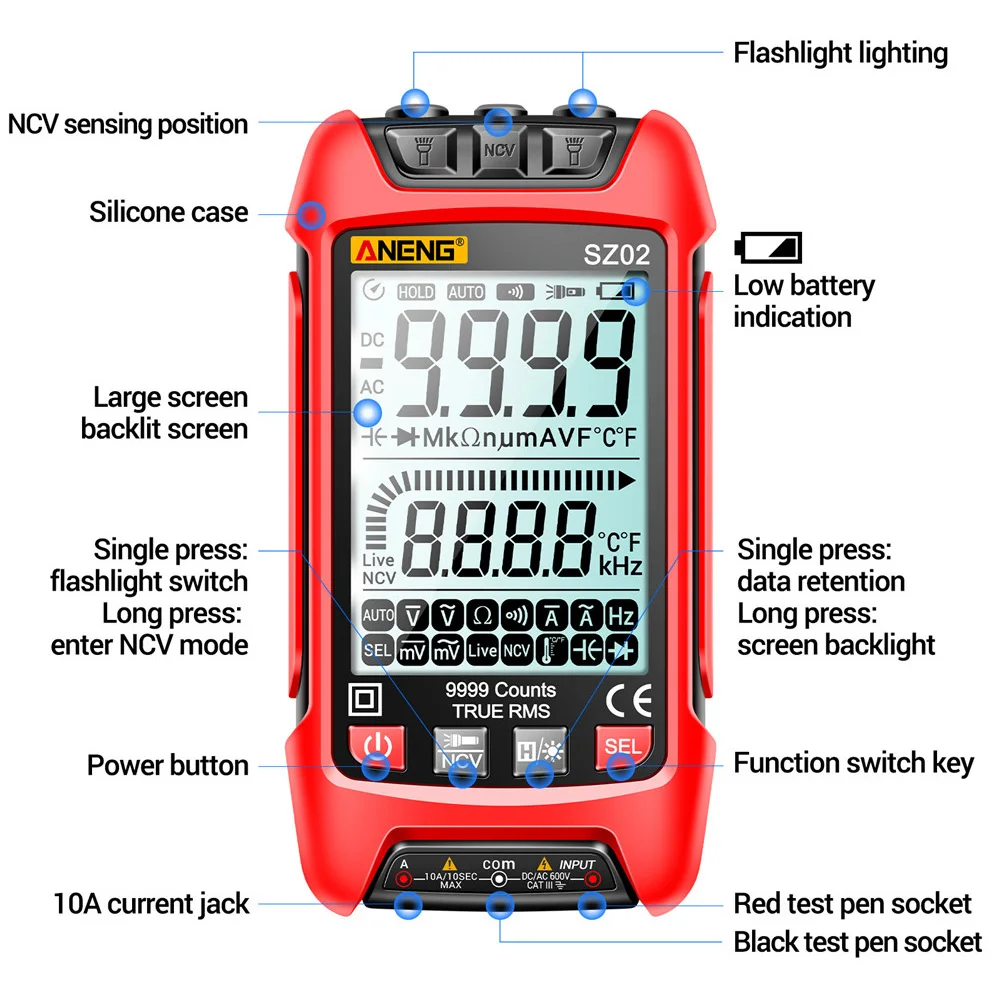 SZ01 SZ02 Auto Range Digital Multimeter 9999 Counts TRMS AC DC Voltmeter Amp NCV Resistance Capacitance Temp Transistor Tester