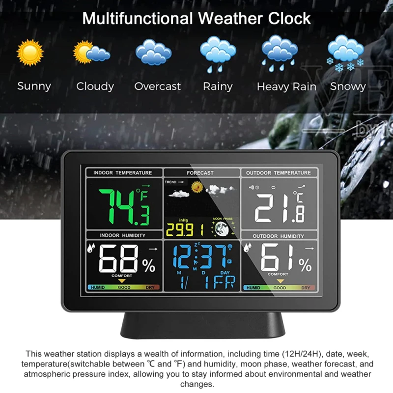 Weather Station 7.5 Inch Color Screen Indoor/Outdoor Wireless Thermometer Temperature and Humidity Monitor with Atomic Clock