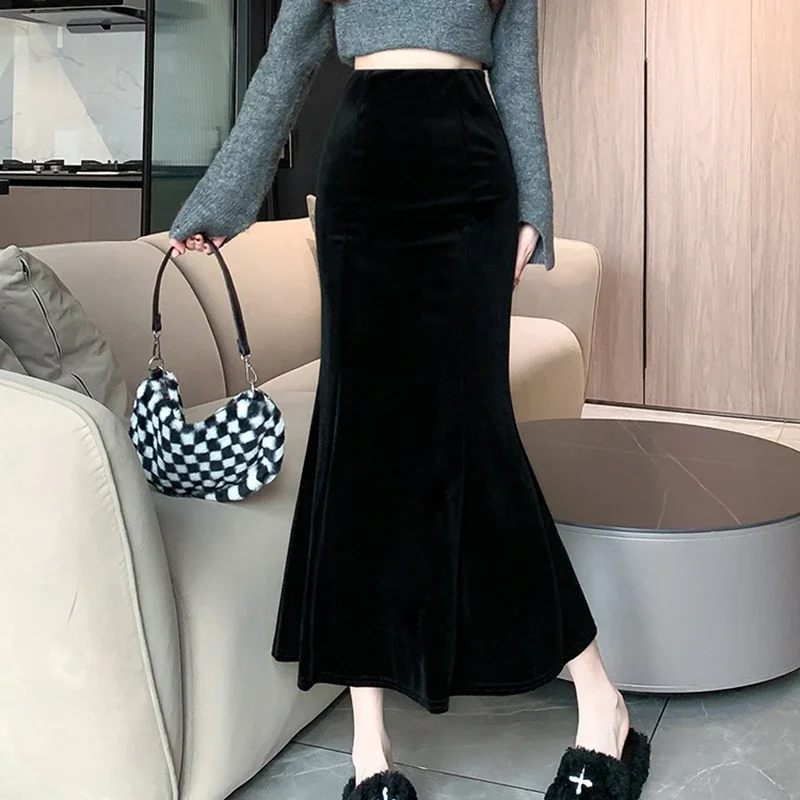 Elegant Velvet Black Long Skirts Women 2026 Casual High Waist Faldas Sexy Mujer Slim Korean Style Y2k Clothes Vintage Midi Skirt