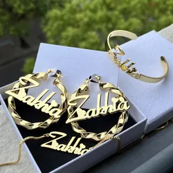 Duoying benutzer definierte Typenschild Schmuck Set für Erwachsene personal isierte zierliche Name Halskette Edelstahl 50mm Ohrringe ID Manschette Armreifen