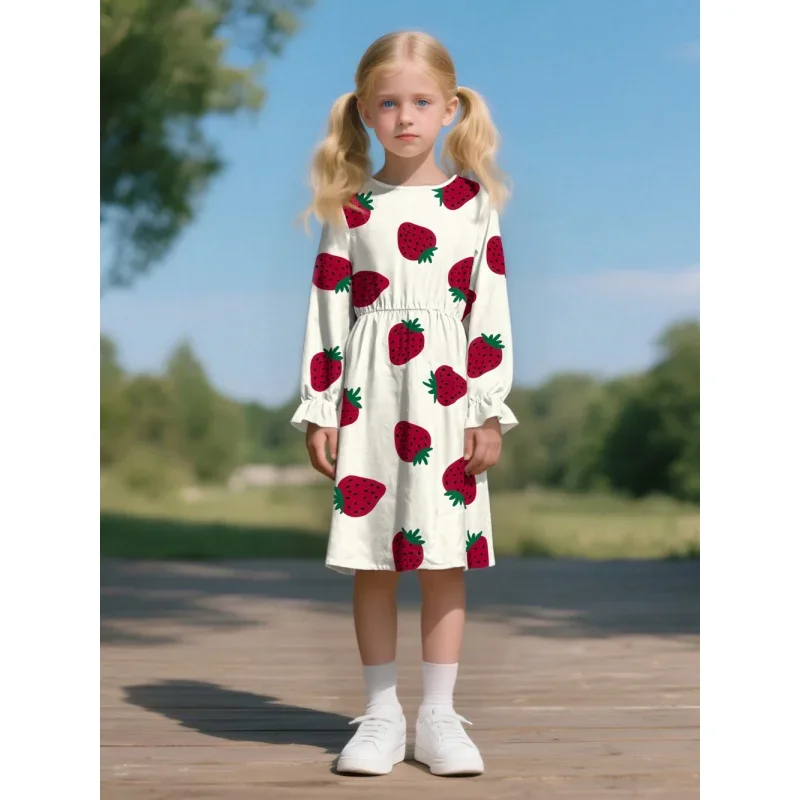 2025 Girls Spring and Autumn Models, Back Water Drop Collar Design Fashionable Strawberry Floral Print Dress