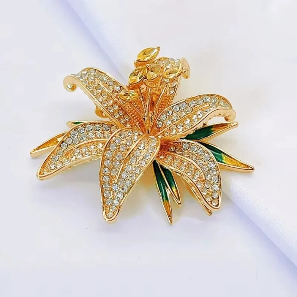 Luxury Gold Color Lily Brooch Rhinestone DIY Collar Lapel Pin Enamel Flower Pin