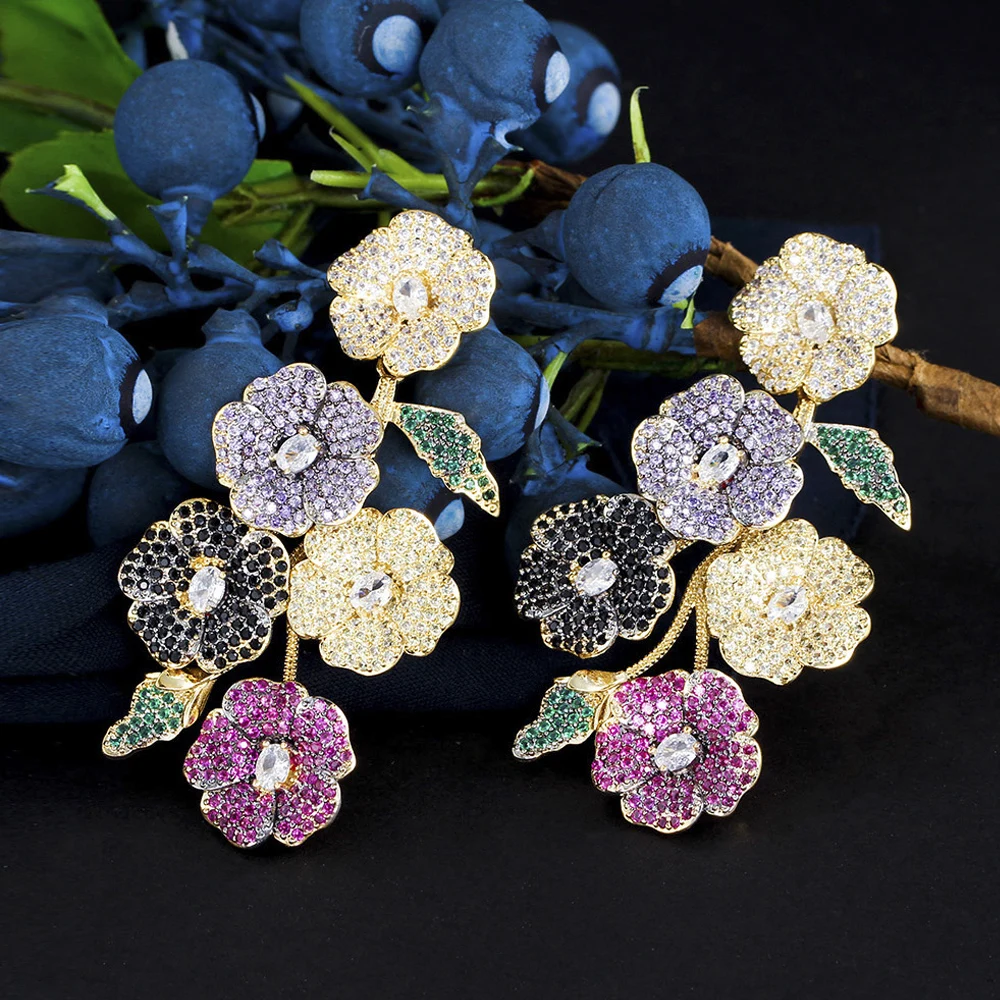 ThreeGraces Beautiful Cubic Zirconia Long Multicolor Flower Dangle Drop Earrings for Women Trendy Wedding Party Jewelry ER846