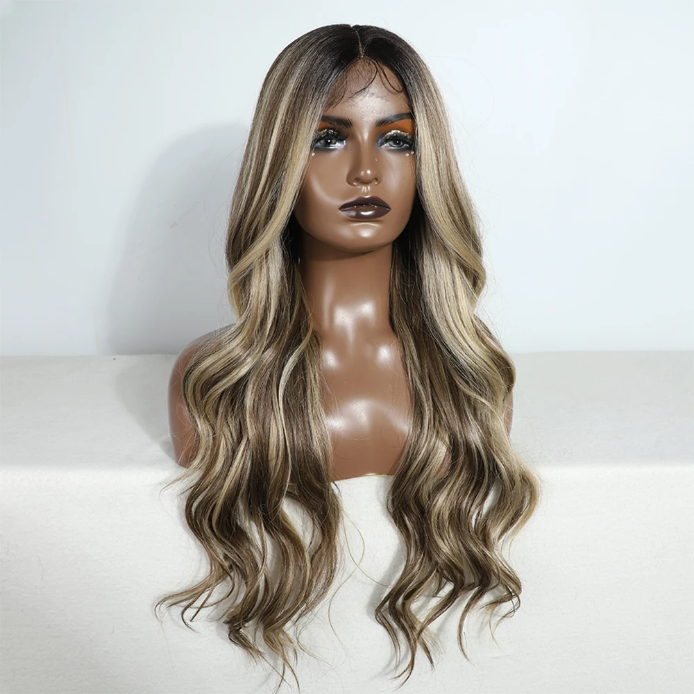 Synthetic Lace Frontal Wig For Women Cosplay Highlight Wig Curly Wave Lace Wig Brown Ombre Blonde Brown Wigs Heat Resistant Wig