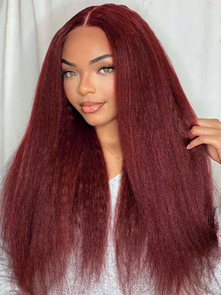 

200% Density 99J Kinky Straight Wigs 13x6 Lace Frontal Human Hair Wig Burgundy Lace Front Wigs For Women Yaki Straight Remy Wig