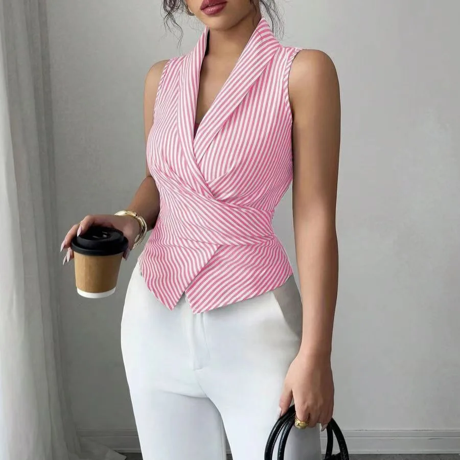 

2026 Summer Waist-tied Slimming Vest Shirt Women's T Shirt Clothing Work Office Lady Striped Sleeveless Shirt
