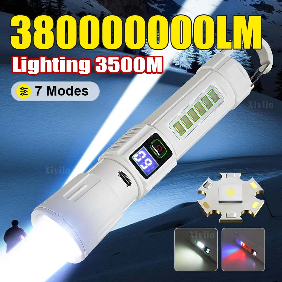 NEW 380000000LM Super Bright Flashlight Strong Light Rechargeable Zoomable Torch High Power LED Portable Tactical Lamp with Hook