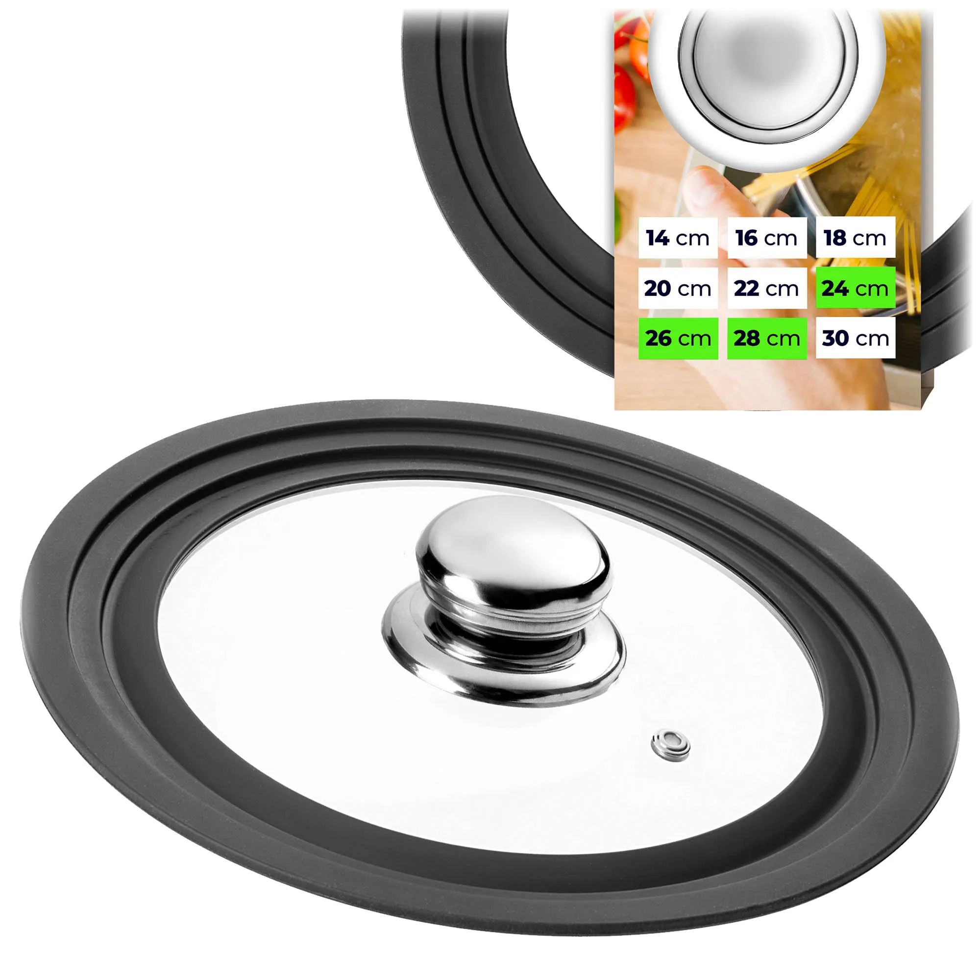 KADAX Pot Crock Pot Pan Universeel Multi-Size Siliconenglas 24-26-28cm Met 1 Stuks Halfrond Metalen Handvat