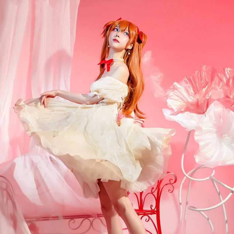 Anime EVA Flowers Words Asuka Cosplay Fairy White lace shiny dress Female Halloween Outfit B