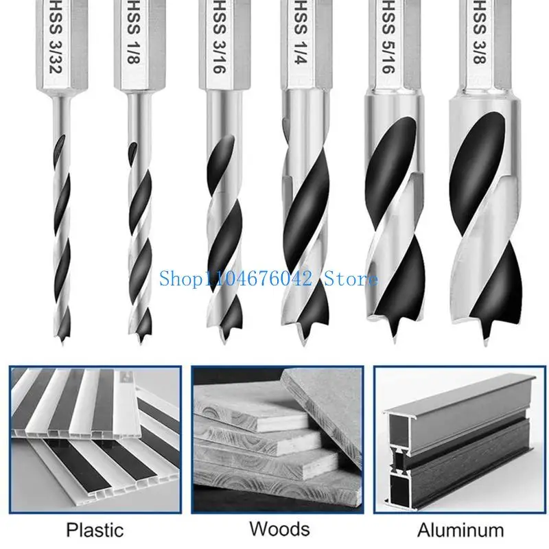 

652F 6 Pcs Brad Point Drill Bit for Wood Plastic Aluminum House Construction