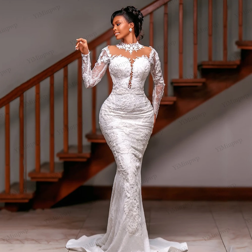 

Customized Mermaid 2 In 1 Wedding Dresses High Neck Long Sleeves for African Black Women Lace Illusion Sleeve Bridal Gowns