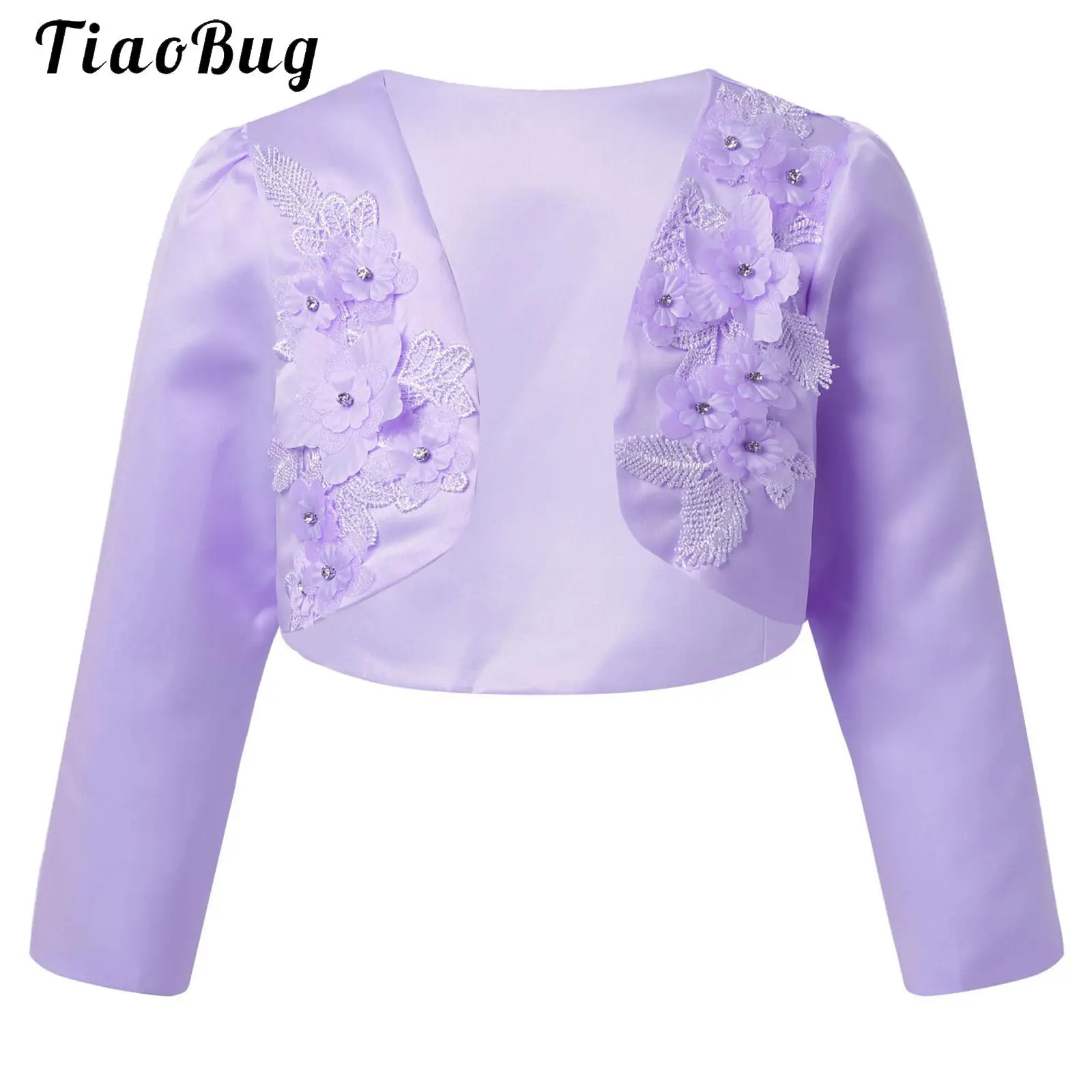 

3D Applique Formal Satin Long Sleeve Bolero Shrug Kids Flower Girls Elegant Bolero Jackets Wedding Party Dress Cardigan Outwear