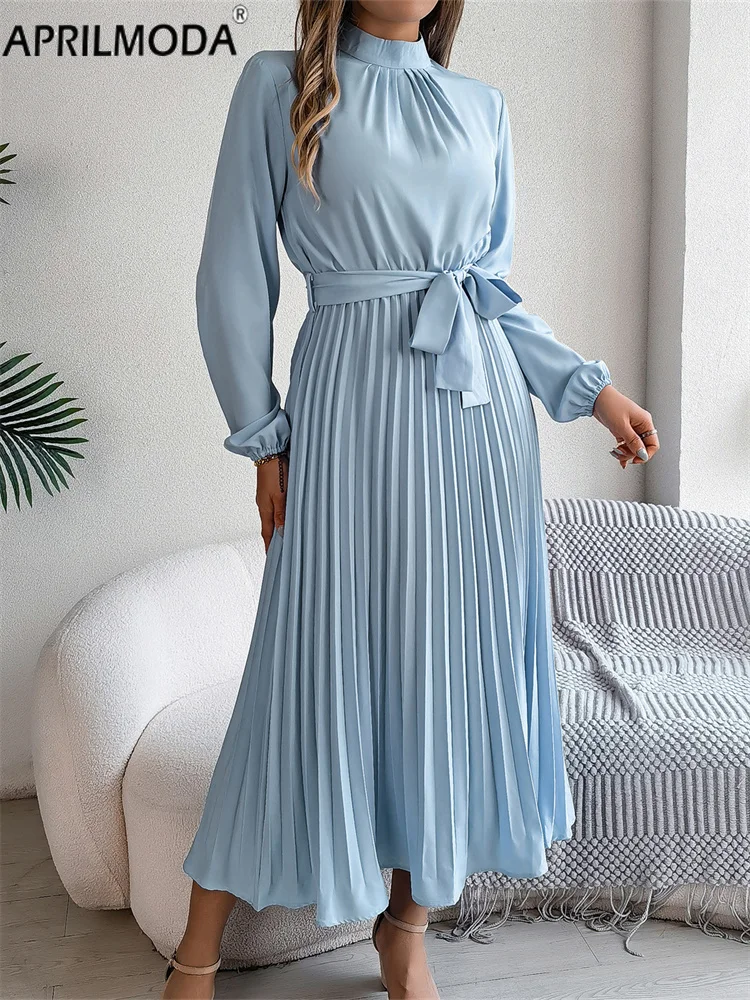 2024 Elegant Long Sleeve Autumn Women Pleated Casual Solid Midi Dress with Belt Blue Pink Red Black Runway Formal Dresses