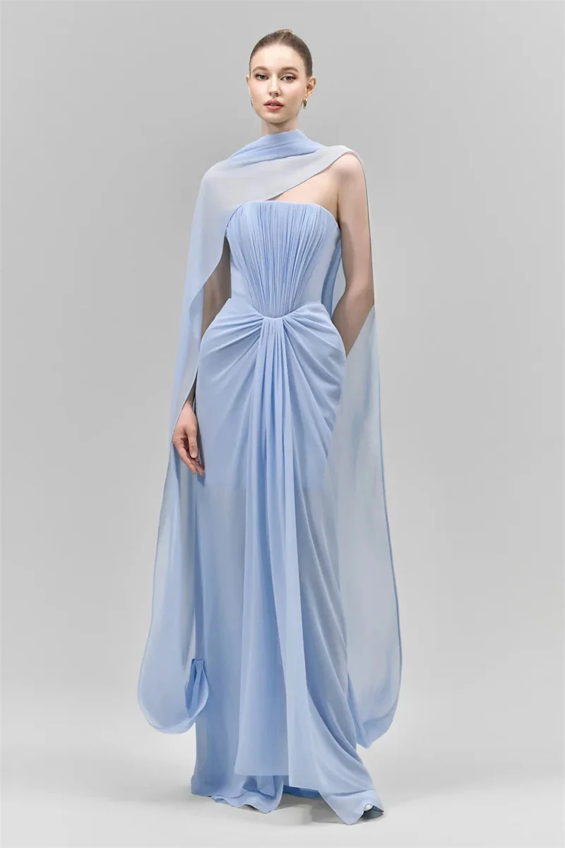 

Light Blue Wrap Cape Prom Dress Sexy Strapless Sleeveless Elegant Long Sheath Party Gown Formal Bridal Wedding Birthday Robe