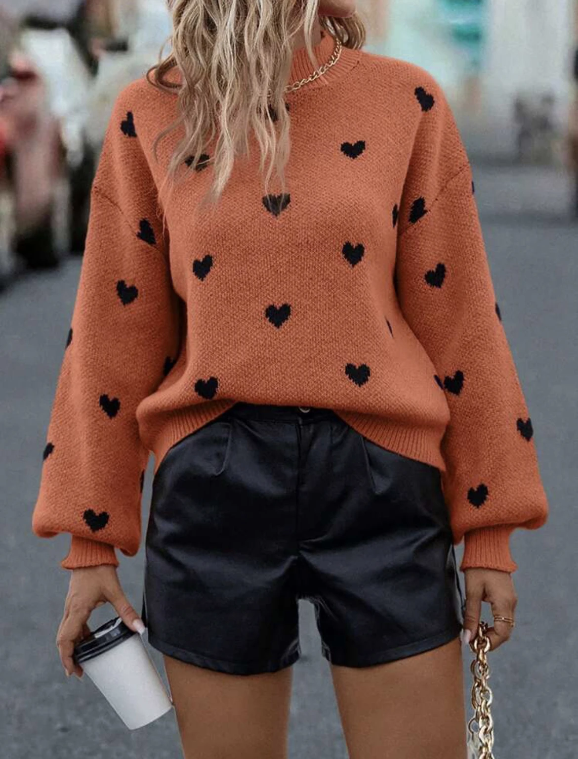 Cute Black Heart Graphic Sweater Drop Shoulder Long Sleeve Casual Sweater For Fall & Winter Women\'s Clothing