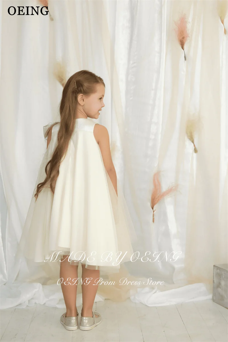 OEING Simple Ivory A-Line Flower Girl Dresses Sleeveless Big Bow Wedding Party Dress Tulle Mini Girl Birthday Dress Customized