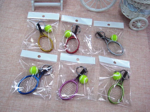 (48pcs/lot)Tennis Pendant Plastic Mini tennis racket key ring trinket sports key chain fan souvenir keychains gift wholesale