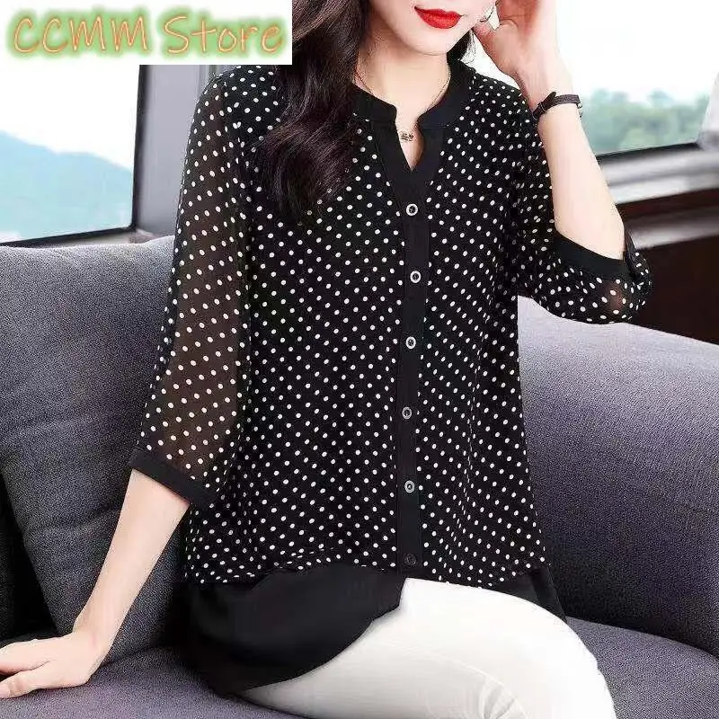 

Весенне-летняя блузка с принтом в горошек, женская одежда, повседневная однобортная свободная рубашка с круглым вырезом и рукавами 3/4, универсальная свободная рубашка