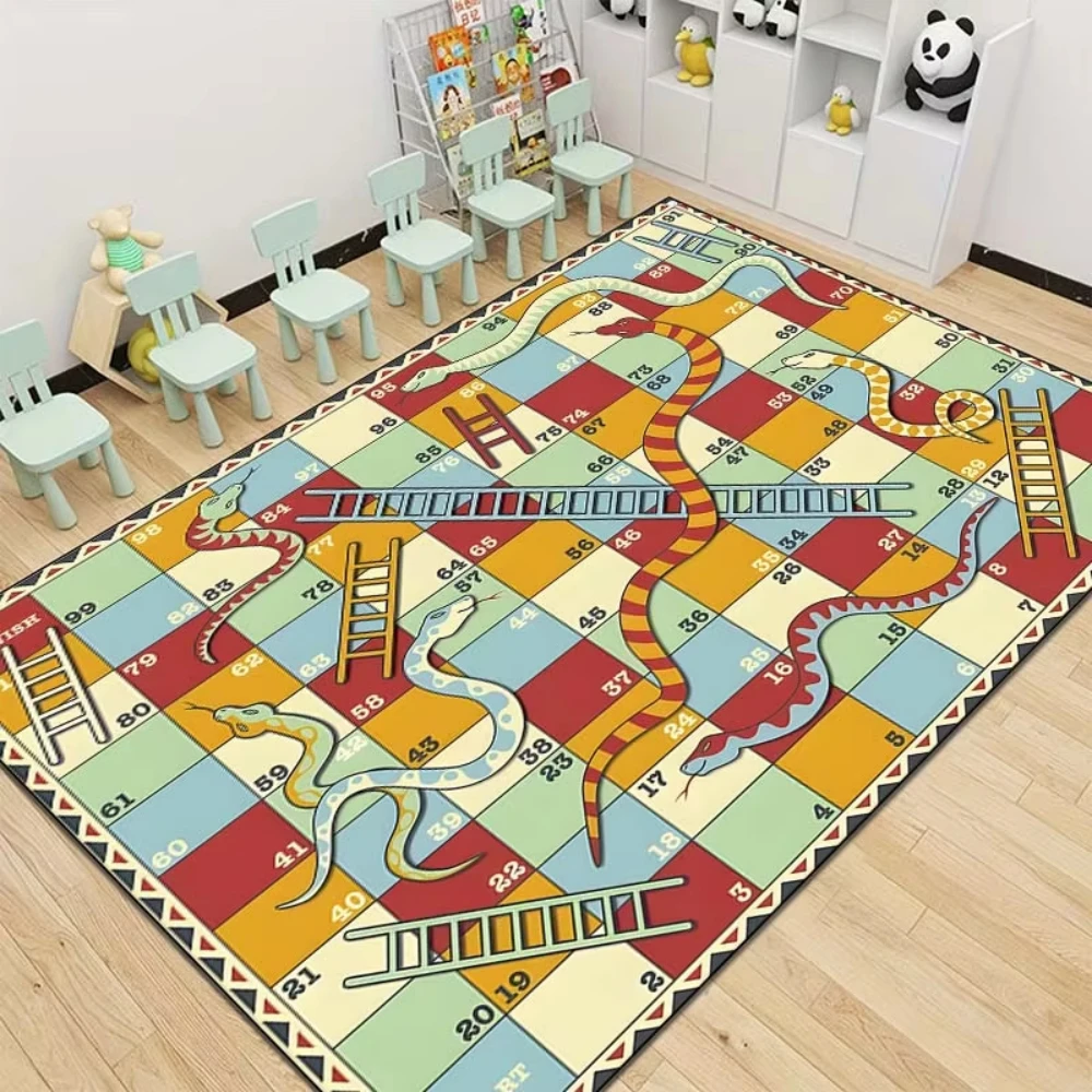 Classic Snakes and Ladders Rug Interactive Game Floor Mat for Living Room Childrens Playroom Non Slip Carpet Home Learning