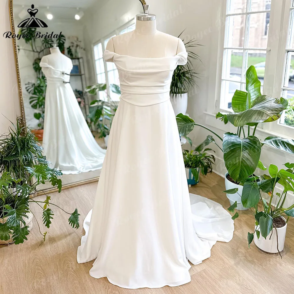 Strand Off Shoulder Zacht Satijn Plooien Boho Trouwjurk Voor Vrouwen 2023 Off Wit Bruiloft Receptie Jurk Voor Bruid Roycebridal