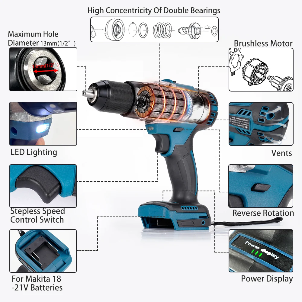 Hormy 120N. m Brushless Multifunctional Drill Without Battery Dual Speed Electric Screwdriver Compatible For Makita18V Battery