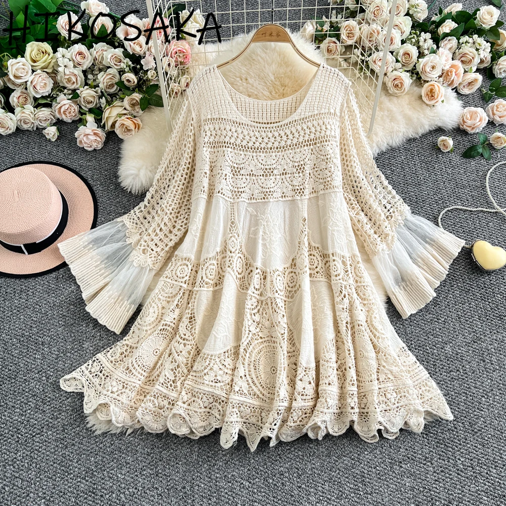 

Bohemian-style Retro Knitted Dress Women Summer Loose Hook Flower Hollow Out Patchwork Elegant Robe 2025 Chic Ropa Mujer