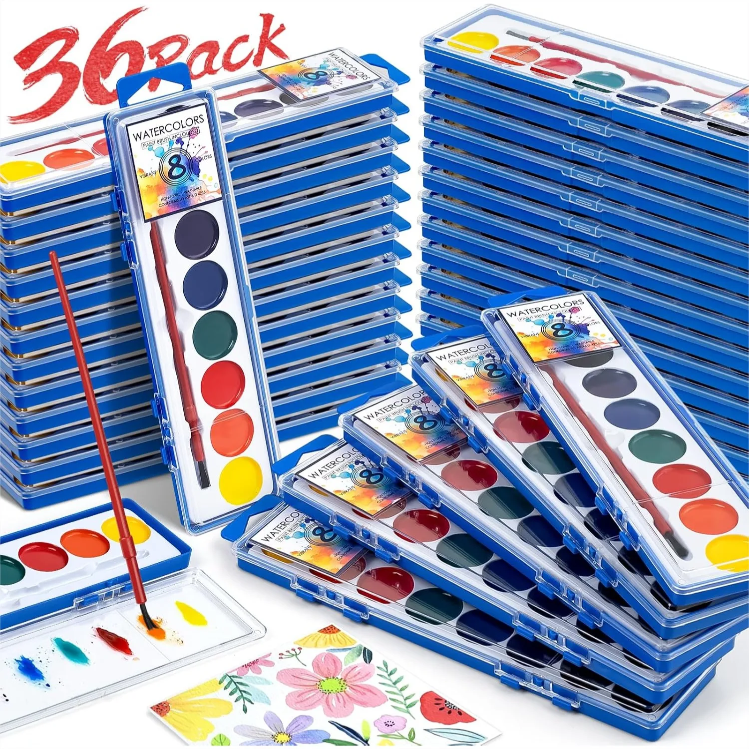 

36 Pack Watercolor Paint Set Bulk, 8 Colors Washable Paint for Kids with Brushes, Art Supplies for School Classroom Home