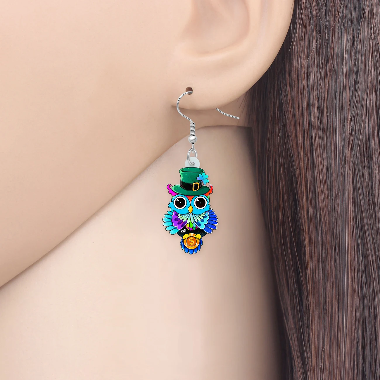BONSNY Acrylic St Patricks Day Owl Earrings Lucky Green Hat Shamrock Colorful Birds Irish Jewelry Good Luck Gifts For Women Mom