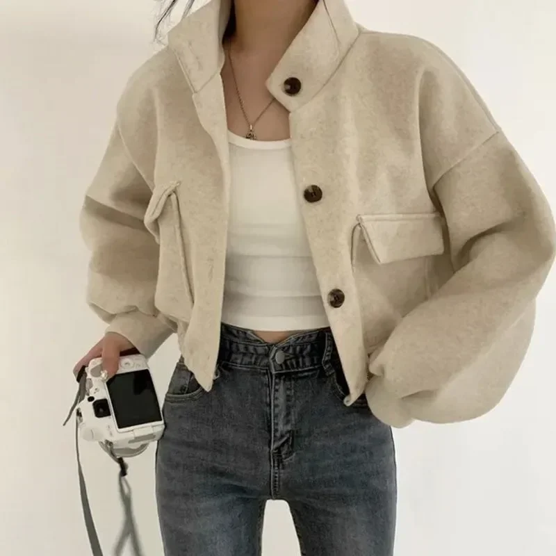 Women Korean Cropped Wool Blend Coat Y2K Vintage Stand Collar Long Sleeve Loose Oversized Short Jacket Ladies Autumn Outerwear