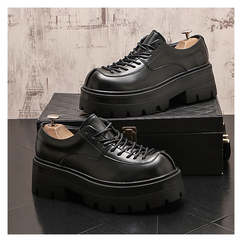 

Korean style mens fashion stage rock dress original leather shoes black white platform shoe brand designer sneakers man footwear