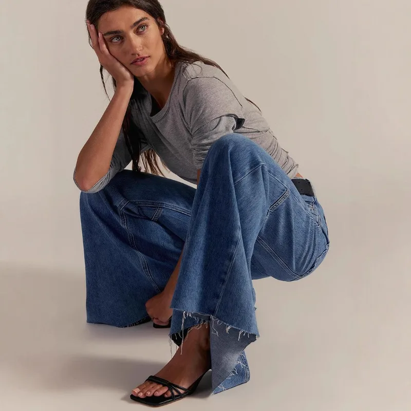 Streetwear Vintage Skinny Washed Flared Jeans Women Korean Fashion High Waist Slim Straight Pants 2025 New Casual Flared Jeans