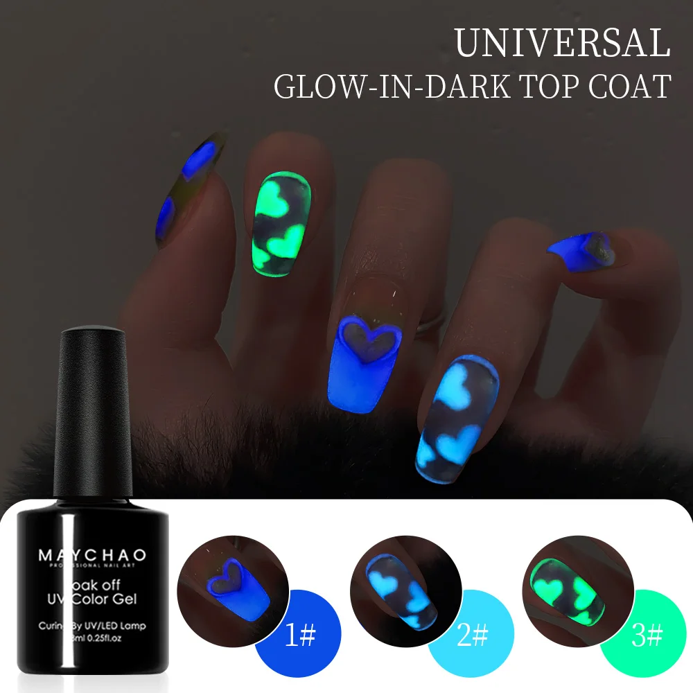 Maychao Lichtgevende Gel Glow In The Dark Top Coat 7Ml Fluorescerend Doorweekt Uv Led Top Gel Nagellak Universele Nagel Afdichting Top Coat