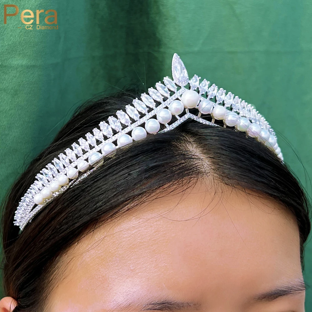 Pera Elegant Wedding Bride Crowns Cubic Zirconia Pearl Tiara Princess Headwear Pagant Party Hair Accessories for Women Gift H029