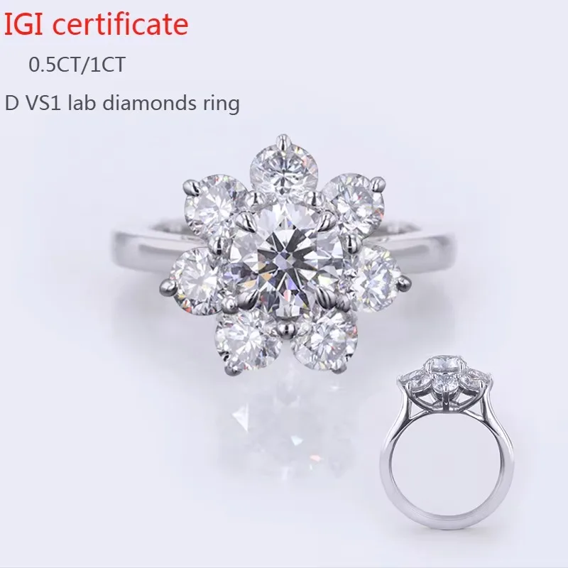 

10k Yellow Gold IGI 0.5CT 1CT HPHT CVD Lab Diamonds Engagement Ring Sunflower Cluster Women Diamonds Rings